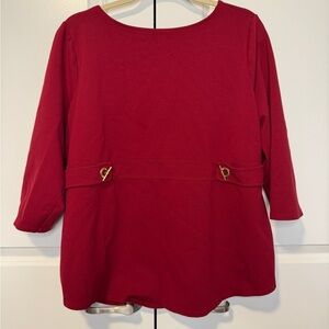 Chico’s Red 3/4 Sleeve Stretch Knit Top Scoop Neck Buckle Waist Size 3